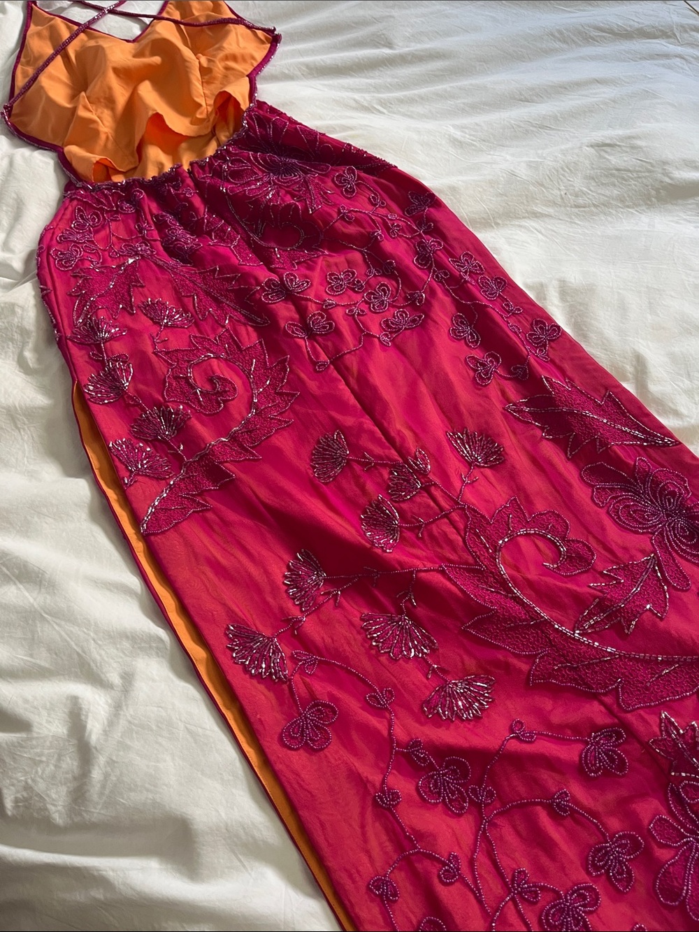 Cache vintage Y2K silk magenta hot pink orange beaded maxi dress open back - Picture 8 of 16